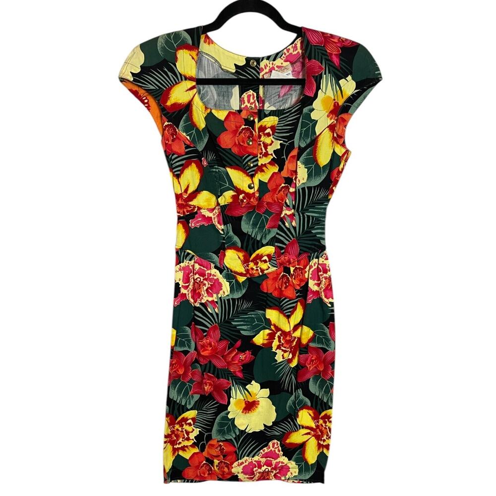 VTG 80s ALMA Made in Italy Bold Colorful Floral Dress Tropical Pinup Rockabilly